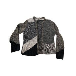 Orvis Womens Medium Patchwork Cardigan Sweater Geometric Wool Blend 66G3 BOHO